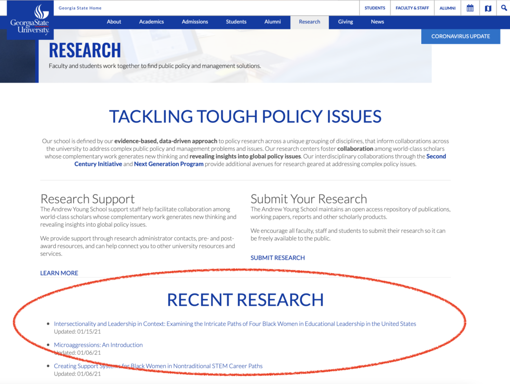 Research documents hosted on ScholarWorks displayed on the Andrew Young School website via custom RSS